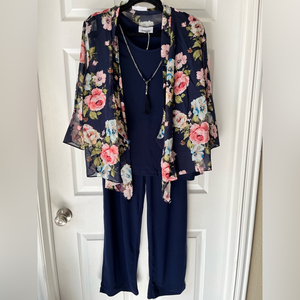 Serengeti 3-Piece Cardigan, Tank and Pants Set, Georgette, Silky Knit PXL Navy